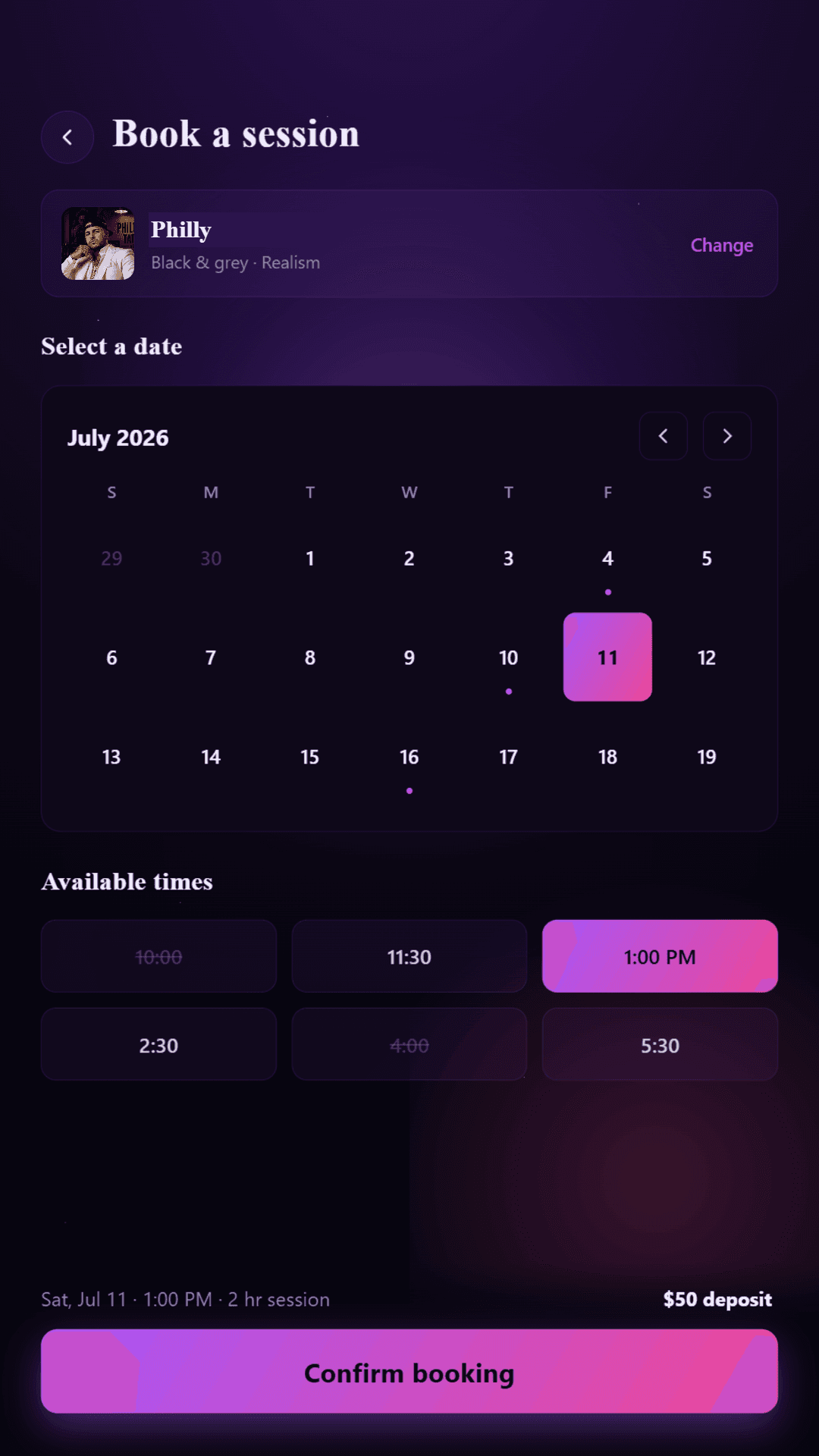 PhillyInkz app booking screen, showing available appointment times.