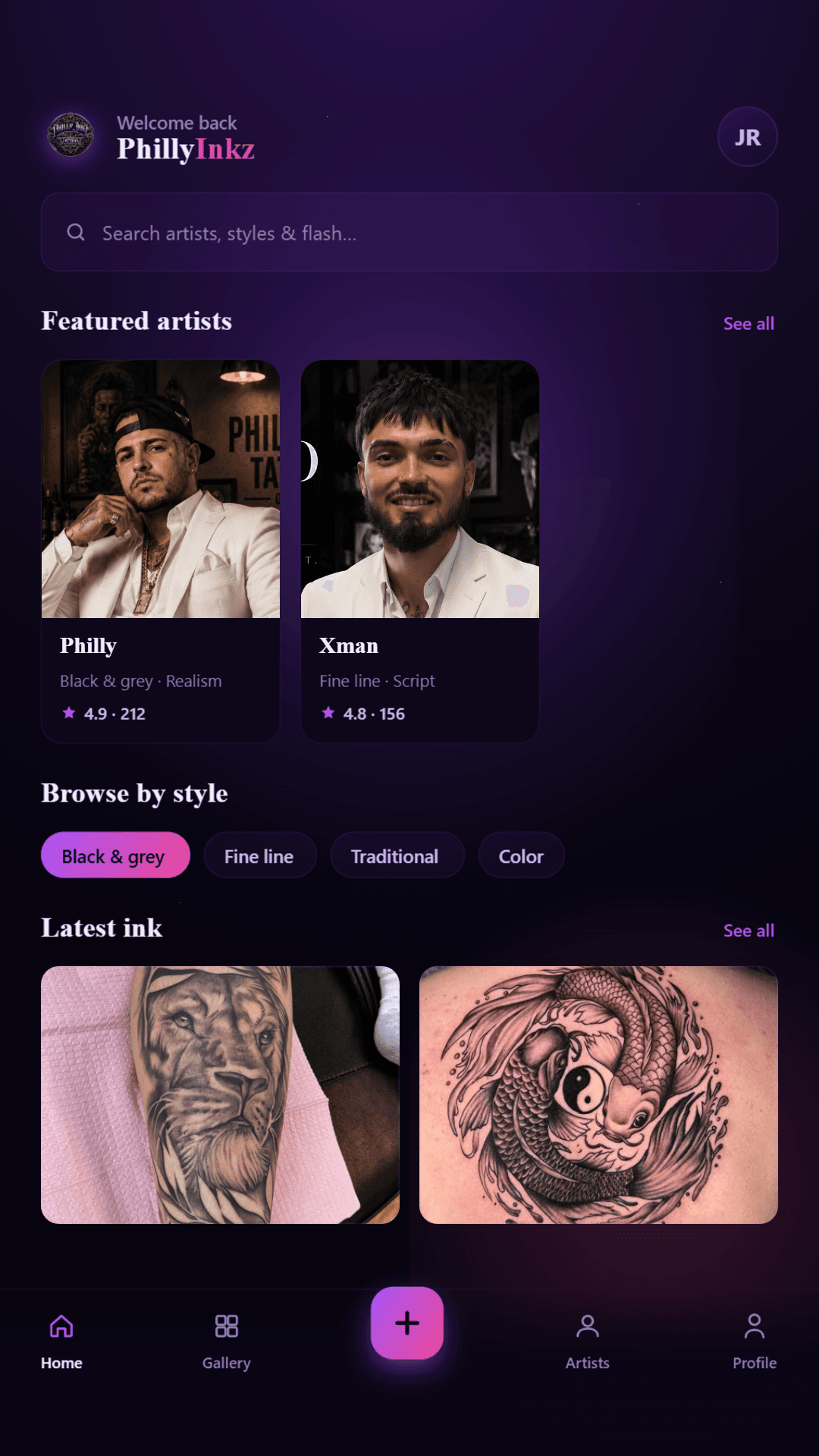 PhillyInkz app discover screen, showing tattoo artists and their work.